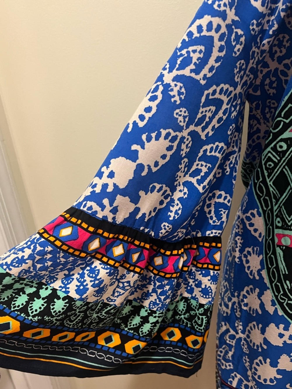 Boho Off Shoulder Shift Dress Small Blue Pink Tribal Print Bell Sleeve Lined - Picture 14 of 15